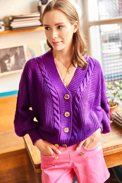 Women's Purple Cable Knit Wool Cardigan HRK-19000082 - 3