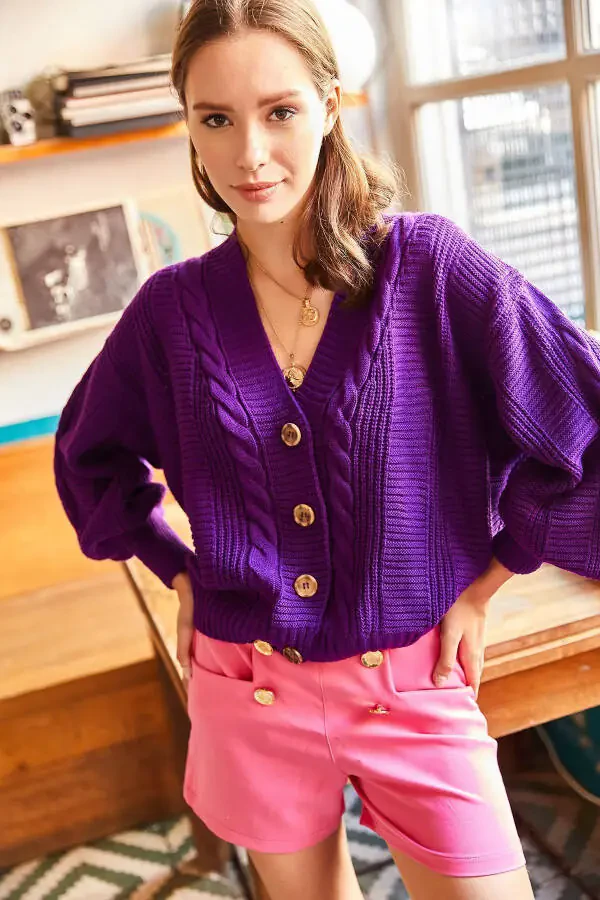 Women's Purple Cable Knit Wool Cardigan HRK-19000082 - 4