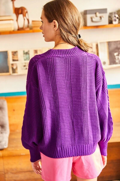 Women's Purple Cable Knit Wool Cardigan HRK-19000082 - 5