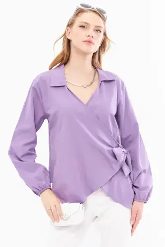 Women's Purple Collar Crossover Blouse ARM-22Y024025-Purple - 1