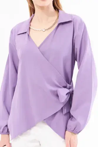 Women's Purple Collar Crossover Blouse ARM-22Y024025-Purple - ARMONIKA (1)