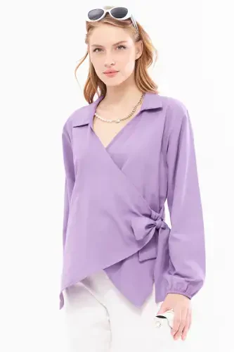 Women's Purple Collar Crossover Blouse ARM-22Y024025-Purple - 3