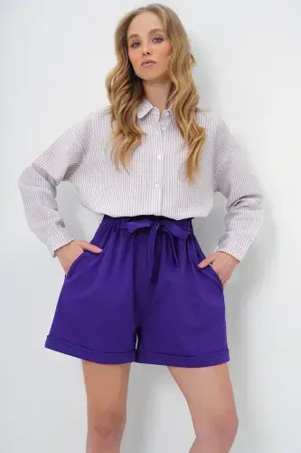 Women's Purple Elastic Waist Belted Double Pocket Turn-Up Hem Carrot Gabardine Shorts ALC-X8450-Purple - TREND ALAÇATI STILI (1)