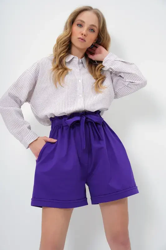 Women's Purple Elastic Waist Belted Double Pocket Turn-Up Hem Carrot Gabardine Shorts ALC-X8450-Purple - 3