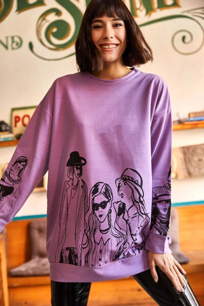 Women's Purple Figured Oversized Sweatshirt SWT-19000452 - OLALOOK