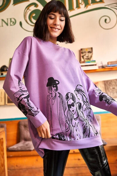Women's Purple Figured Oversized Sweatshirt SWT-19000452 - OLALOOK (1)