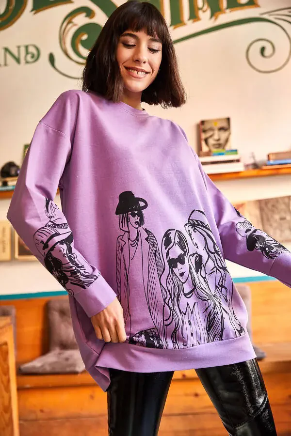 Women's Purple Figured Oversized Sweatshirt SWT-19000452 - 2