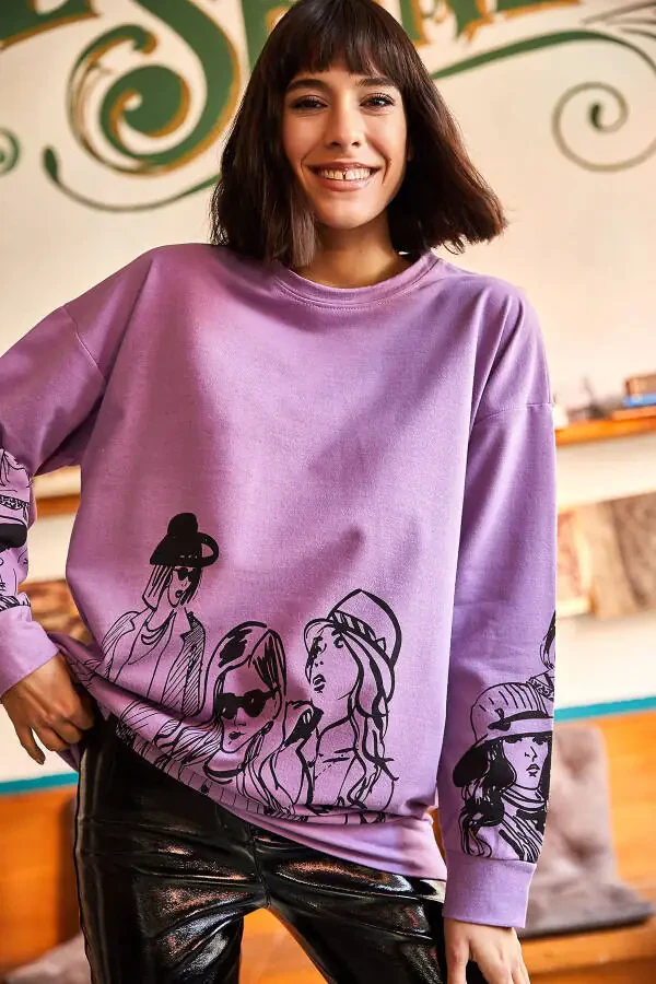 Women's Purple Figured Oversized Sweatshirt SWT-19000452 - 3