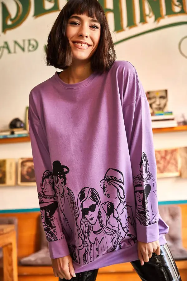 Women's Purple Figured Oversized Sweatshirt SWT-19000452 - 4