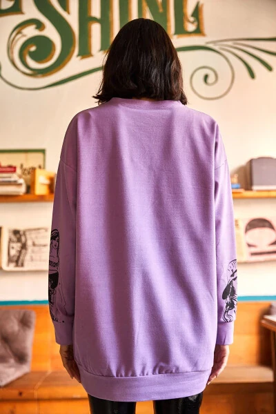 Women's Purple Figured Oversized Sweatshirt SWT-19000452 - 5