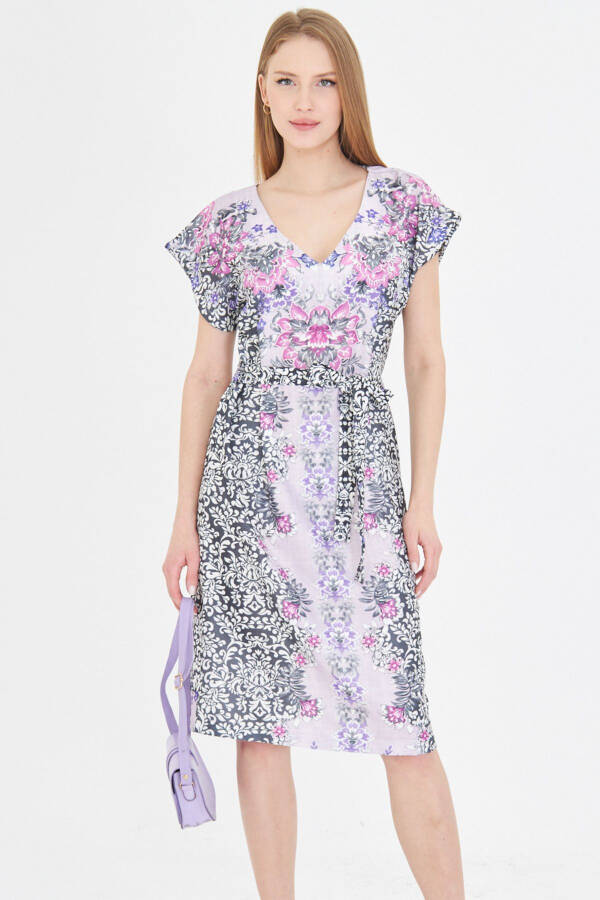 Women's Purple Front Back V Neck Belted Patterned Dress A - 1