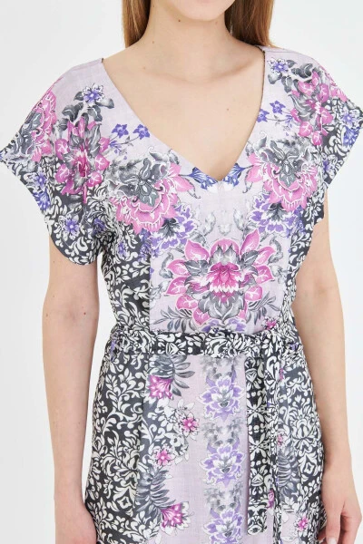 Women's Purple Front Back V Neck Belted Patterned Dress A - ARMONIKA (1)