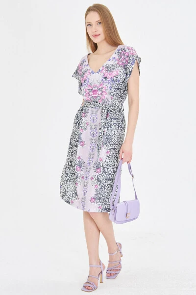 Women's Purple Front Back V Neck Belted Patterned Dress A - 3