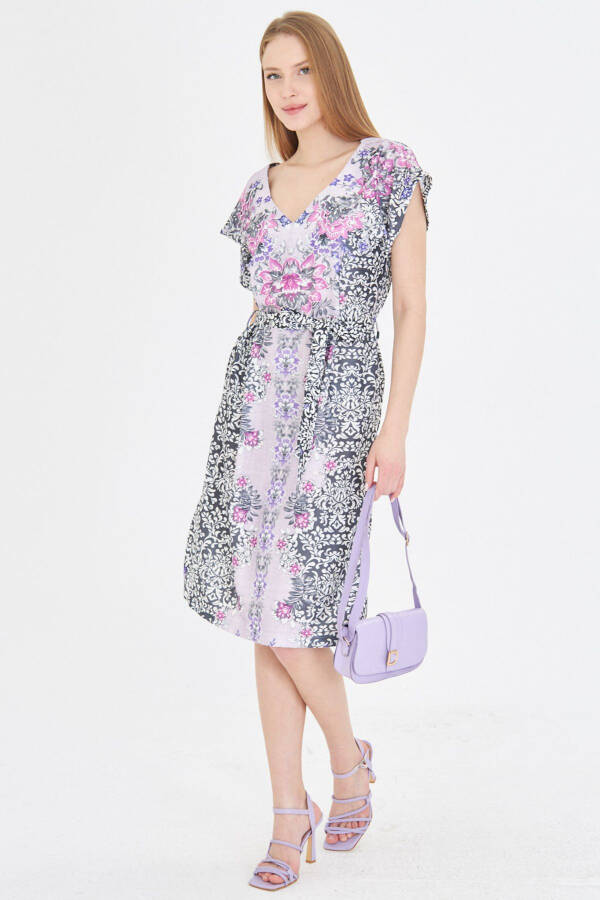 Women's Purple Front Back V Neck Belted Patterned Dress A - 3