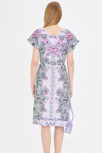 Women's Purple Front Back V Neck Belted Patterned Dress A - 5