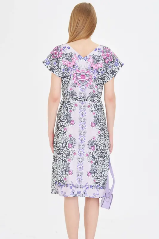 Women's Purple Front Back V Neck Belted Patterned Dress A - 5
