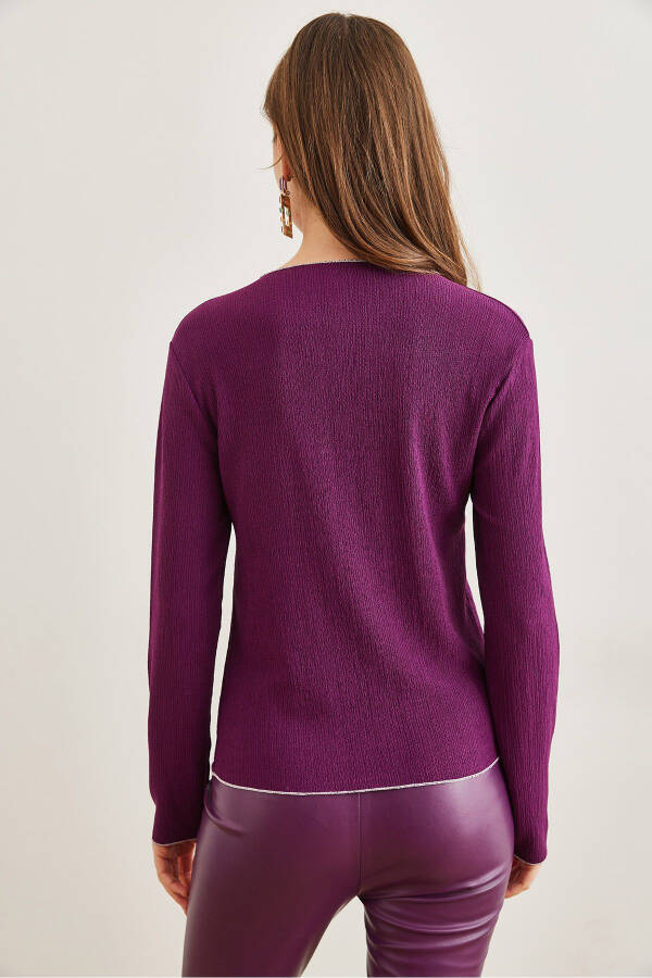 Women's Purple High Neck Ruffle Overlock Detail Knit Blouse BLZ-19002783 - 2