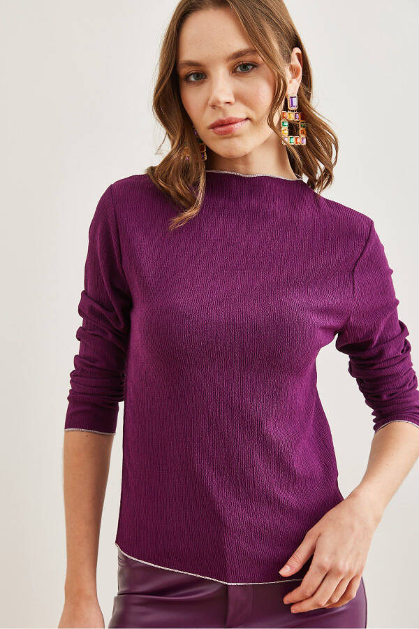 Women's Purple High Neck Ruffle Overlock Detail Knit Blouse BLZ-19002783 - 3