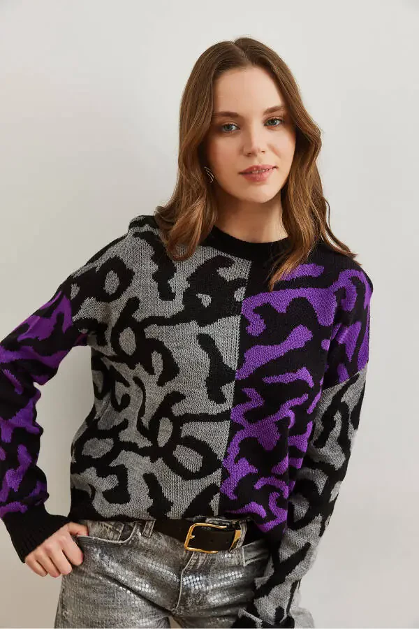 Women's Purple Leopard Block Knit Sweater KZK-19000832 - 4