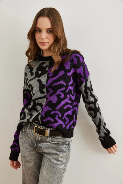 Women's Purple Leopard Block Knit Sweater KZK-19000832 - 5