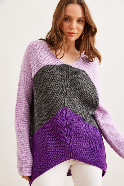 Women's Purple Lilac Color Block Raglan Knit Sweater KZK-19000920 