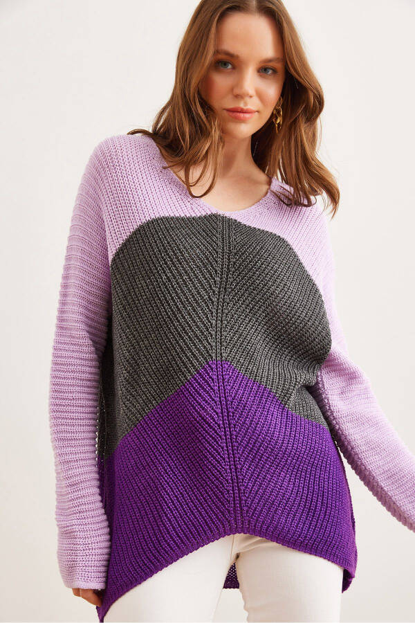 Women's Purple Lilac Color Block Raglan Knit Sweater KZK-19000920 - 1