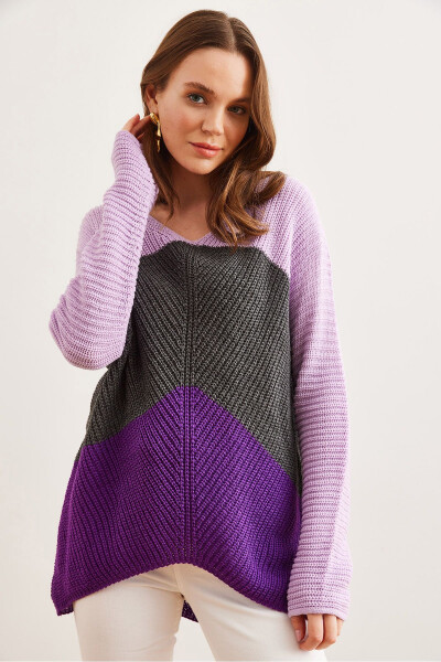 Women's Purple Lilac Color Block Raglan Knit Sweater KZK-19000920 - 4