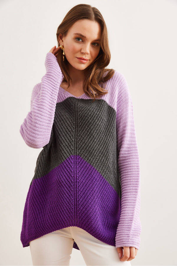 Women's Purple Lilac Color Block Raglan Knit Sweater KZK-19000920 - 4