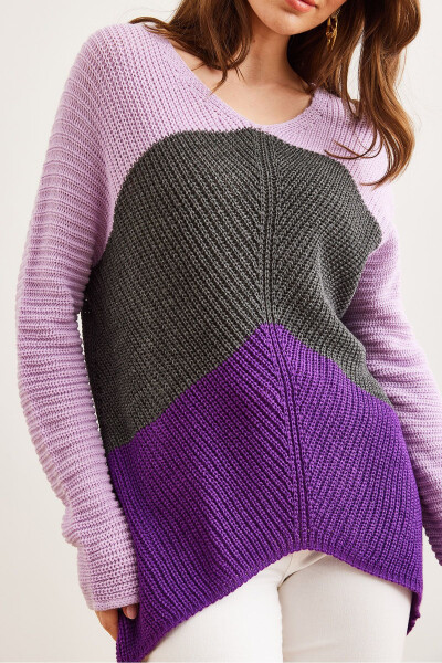 Women's Purple Lilac Color Block Raglan Knit Sweater KZK-19000920 - 5