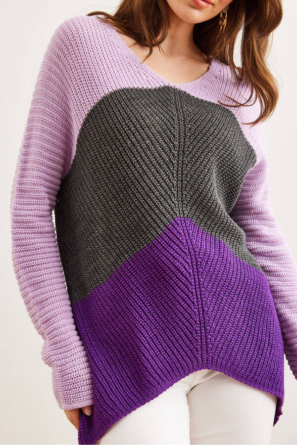 Women's Purple Lilac Color Block Raglan Knit Sweater KZK-19000920 - 5