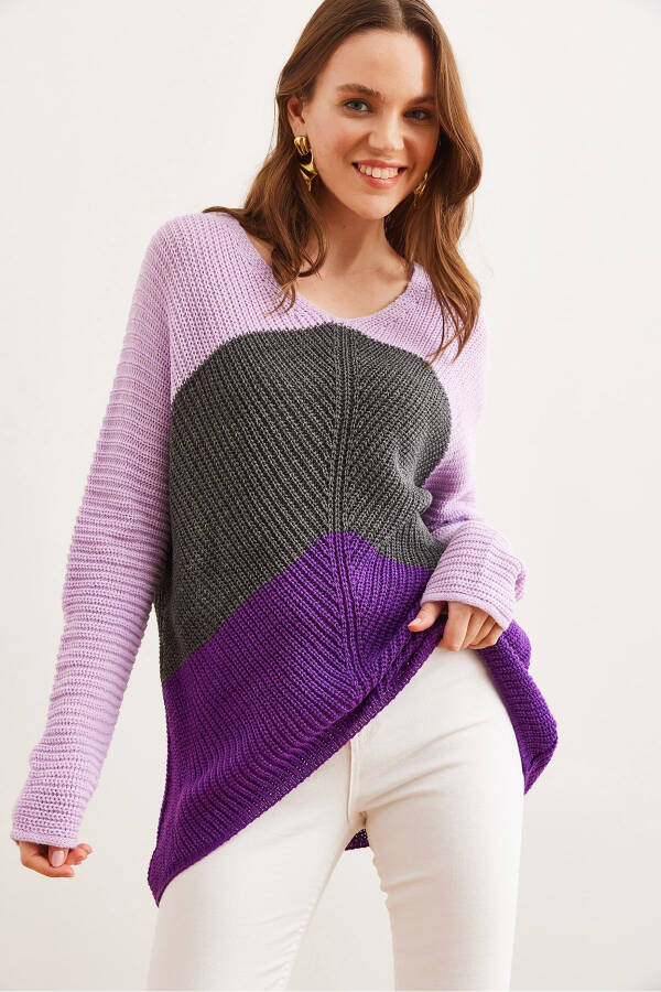 Women's Purple Lilac Color Block Raglan Knit Sweater KZK-19000920 - 6