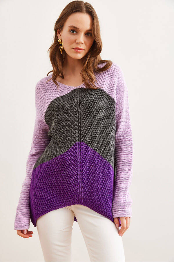 Women's Purple Lilac Color Block Raglan Knit Sweater KZK-19000920 - 7