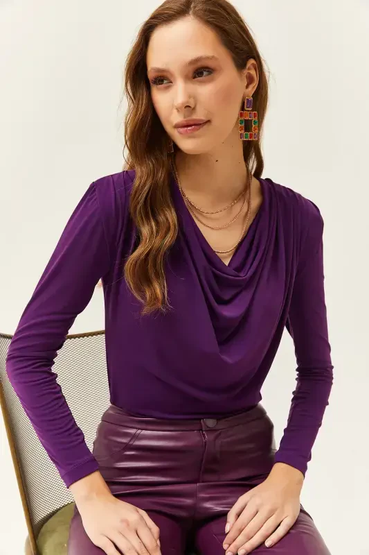Women's Purple Padded Pleated Cowl Neck Blouse BLZ-19002419-Purple - OLALOOK
