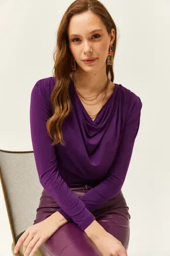 Women's Purple Padded Pleated Cowl Neck Blouse BLZ-19002419-Purple - OLALOOK (1)