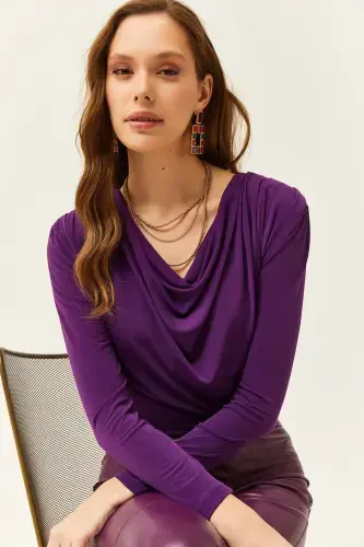 Women's Purple Padded Pleated Cowl Neck Blouse BLZ-19002419-Purple - 3