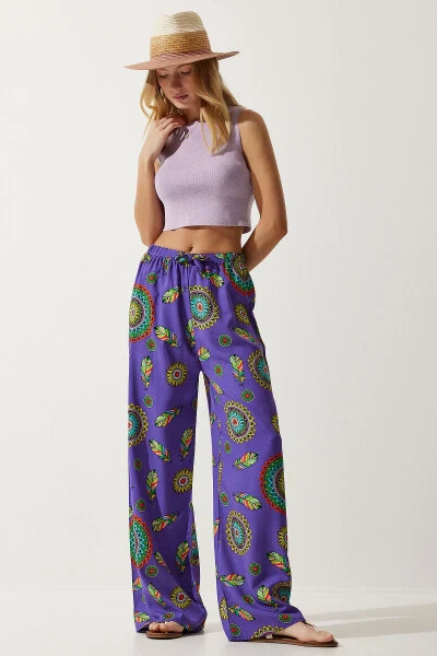 Women's Purple Patterned Flowy Viscose Palazzo Pants EN00606 - HAPPINESS İSTANBUL