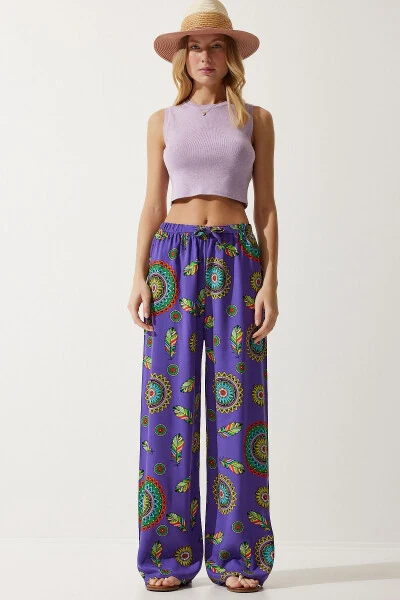 Women's Purple Patterned Flowy Viscose Palazzo Pants EN00606 - HAPPINESS İSTANBUL (1)