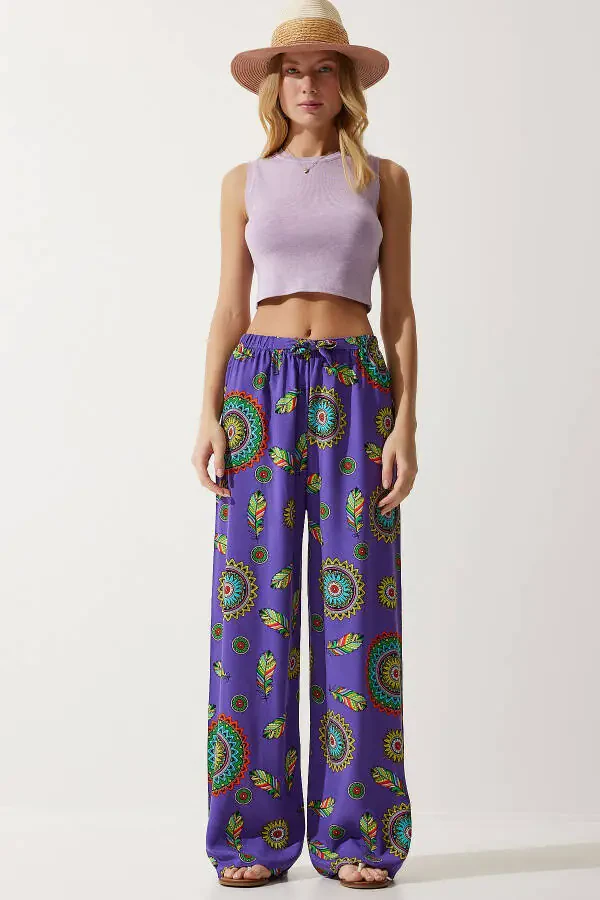 Women's Purple Patterned Flowy Viscose Palazzo Pants EN00606 - 2