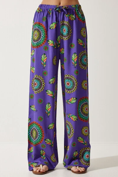 Women's Purple Patterned Flowy Viscose Palazzo Pants EN00606 - 3