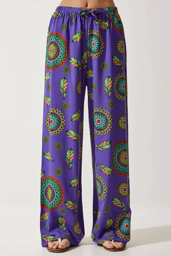Women's Purple Patterned Flowy Viscose Palazzo Pants EN00606 - 3