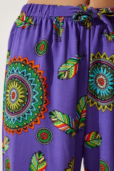Women's Purple Patterned Flowy Viscose Palazzo Pants EN00606 - 4