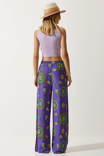 Women's Purple Patterned Flowy Viscose Palazzo Pants EN00606 - 5
