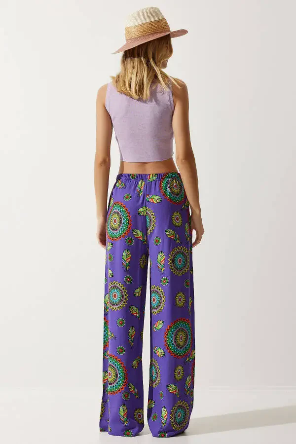 Women's Purple Patterned Flowy Viscose Palazzo Pants EN00606 - 5