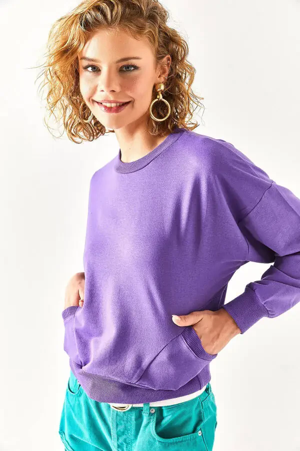 Women's Purple Pocket Detailed Soft Textured Sweatshirt SWT-19000616 - 1