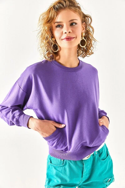 Women's Purple Pocket Detailed Soft Textured Sweatshirt SWT-19000616 - 4