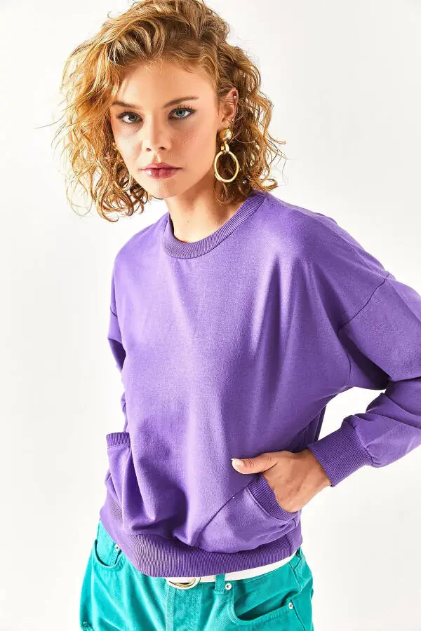 Women's Purple Pocket Detailed Soft Textured Sweatshirt SWT-19000616 - 7