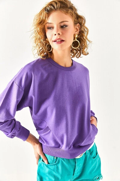 Women's Purple Pocket Detailed Soft Textured Sweatshirt SWT-19000616 - 8
