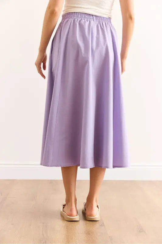 Women's Purple Pocketed Elastic Waist Midi Woven Bell Skirt - 5