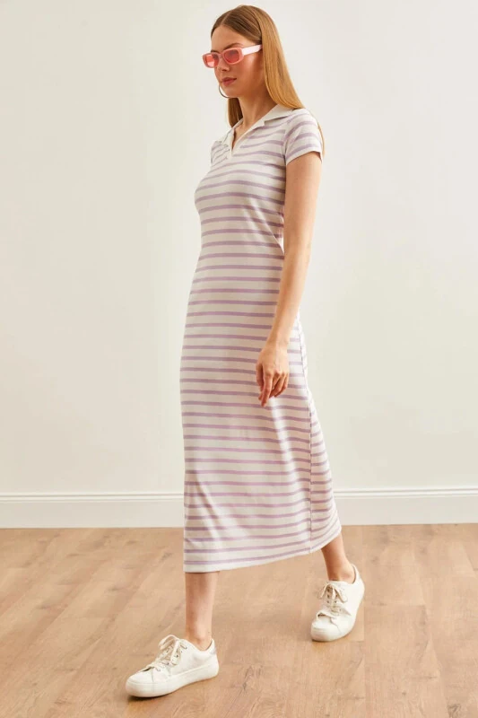Women's Purple Polo Collar Striped Lycra Dress ELB-19002045-Purple - OLALOOK