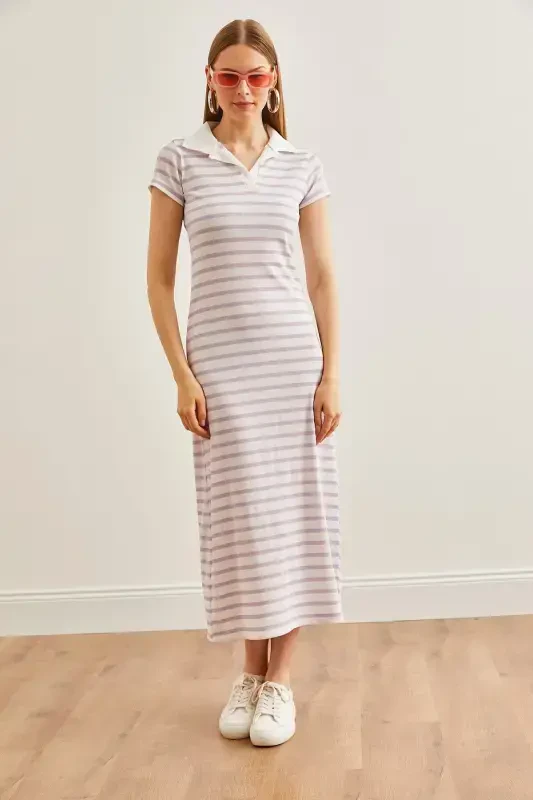 Women's Purple Polo Collar Striped Lycra Dress ELB-19002045-Purple - 2